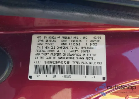 2006 Acura Tl from USA, damaged, VIN 19UUA66216A037265